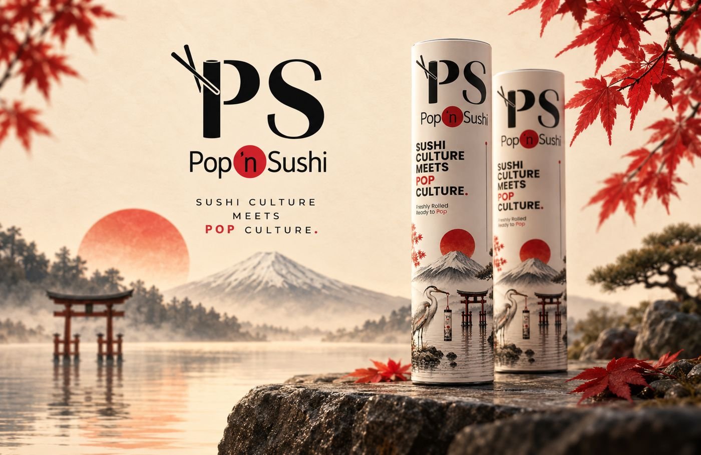 Pop 'n Sushi tüpleri, arka planda Fuji dağı ve torii kapısı